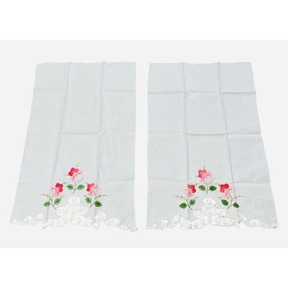 Vintage Pink Flower Linen Tea Towels Set 2 Lace Edge 22x14 Appliqué Embroidered - Picture 4 of 16